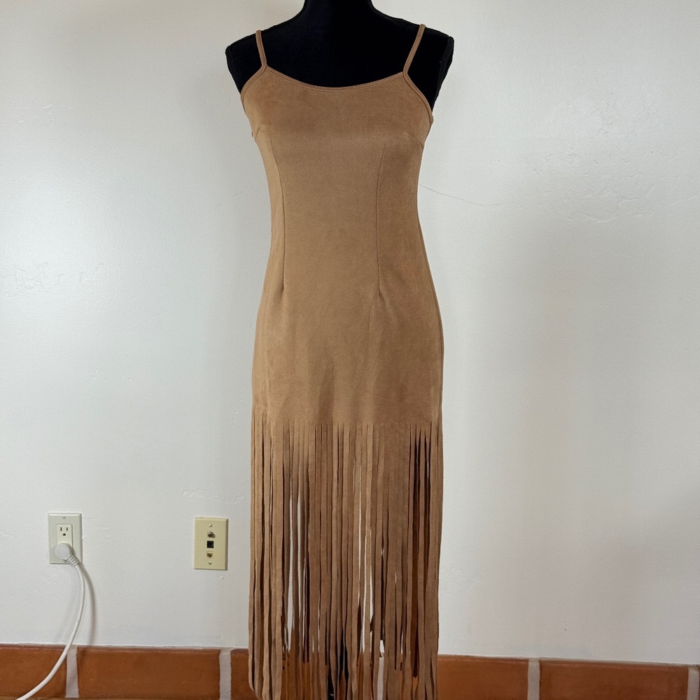 Festival Fringe Western Dress Faux Suede Vegan Wild Tan Straps Small XS